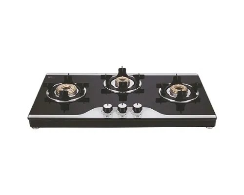 Elica Gas Stove 3 Burner Double Drip Tray and Forged Brass Burners 773 CT VETRO TKN CROWN DT Black
