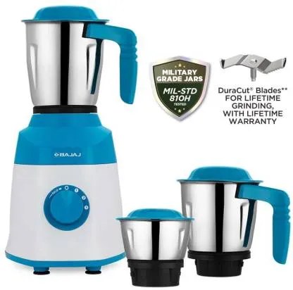 Bajaj Mixer Grinder 500 Watts 3 Jar Ninja Series Notch White & French Blue