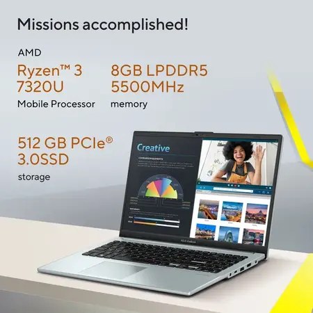Asus Windows Laptop Ryzen 3 7320U, 8GB DDR5,512SSD,WIN11,MSO 24 Vivobook Go 15 E1504FA-BQ2323WS Grey Green