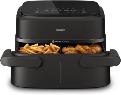 Philips Air Fryer 7.1 Litre 2450 W Double Drawer with Removable Divider 1000 Series Large RapidAir Technology NA154/00 Black